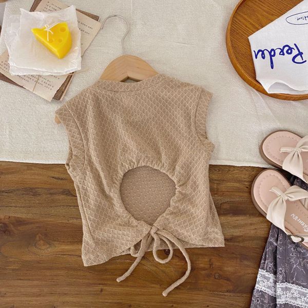 微露背綁繩透膚素色背心 