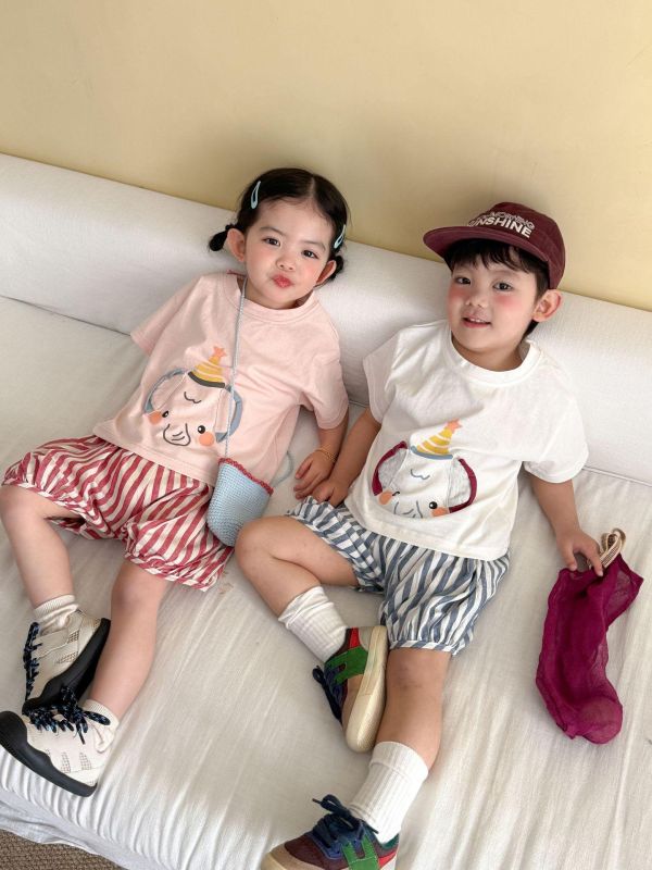 生日帽可愛大象上衣+豎條紋短褲套裝 