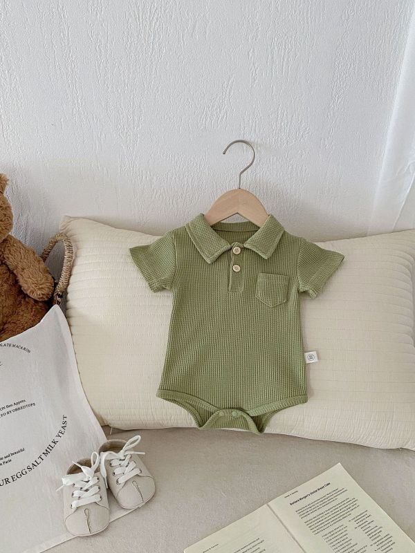 華夫格素色翻領開釦包屁衣 