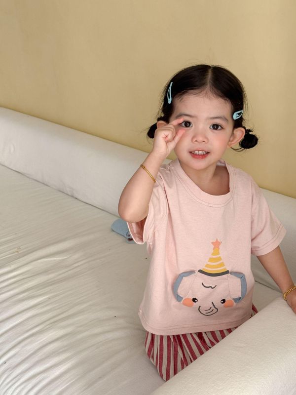 生日帽可愛大象上衣+豎條紋短褲套裝 