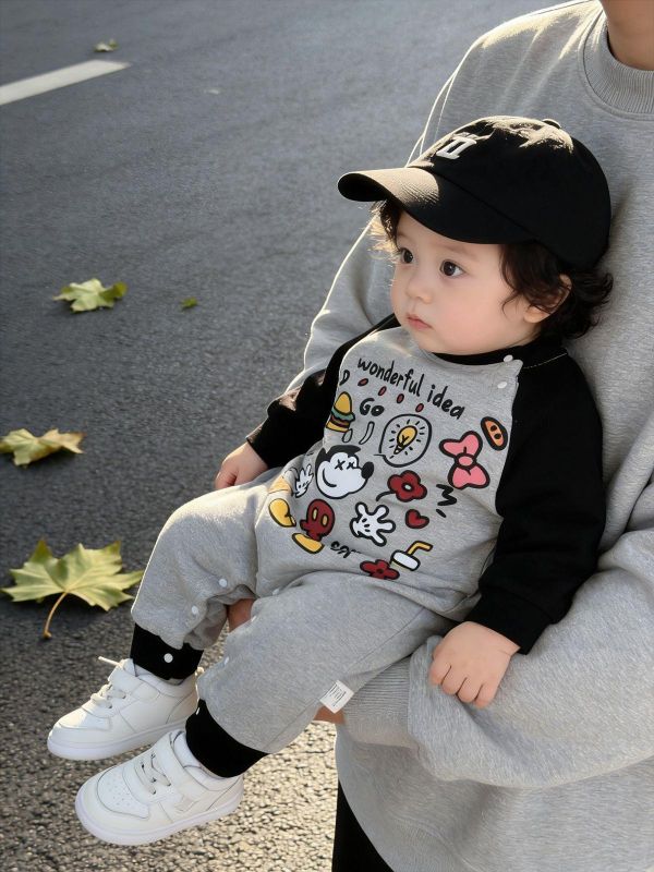 可愛塗鴉米奇卡通拼袖連身裝 