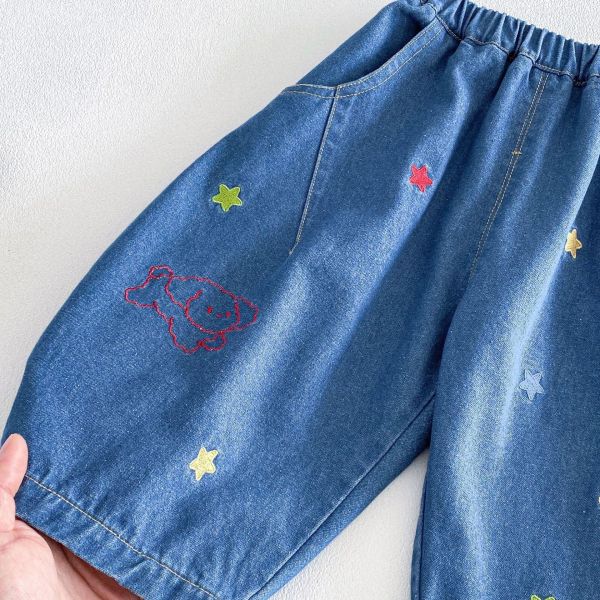 星星狗狗刺繡牛仔長褲 