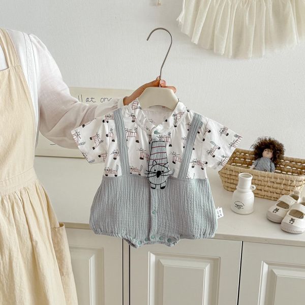 假兩件貓咪領帶吊帶包屁衣 