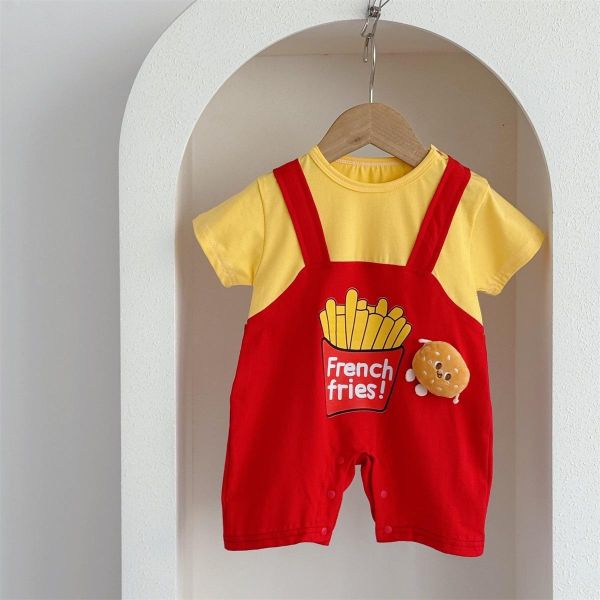 假兩件薯條印花吊帶連身裝+襪 