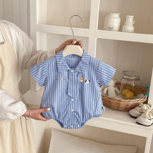 可拆式領帶-豎條紋翻領包屁衣 