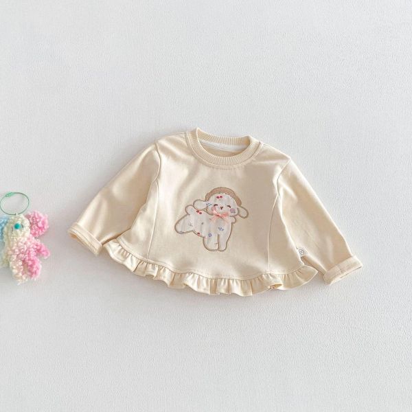 荷葉邊狗狗刺繡素色上衣 