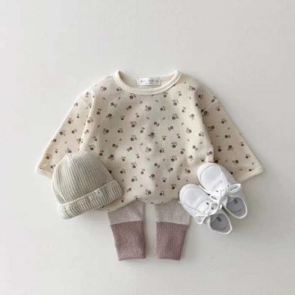 華夫格碎花/小熊圓領上衣 