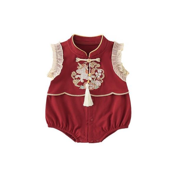 復古國風盤釦刺繡流蘇包屁衣 