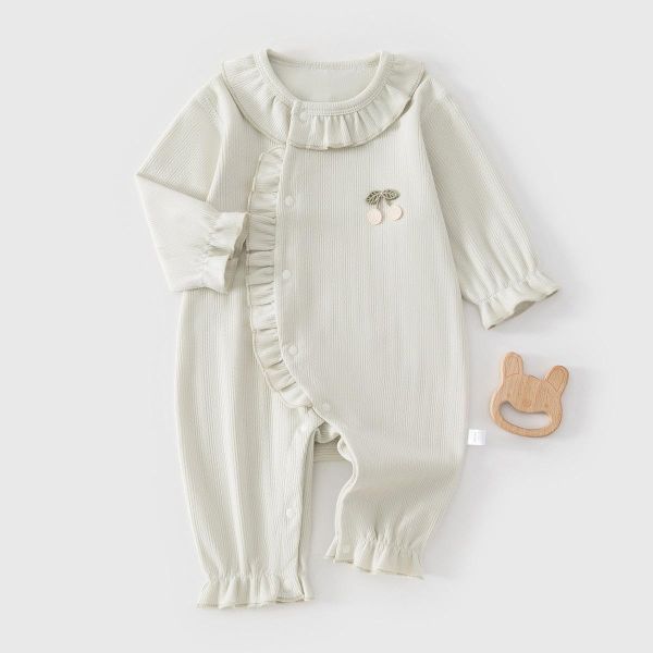 新生兒素色螺紋木耳領/蕾絲領連身裝(3色) 