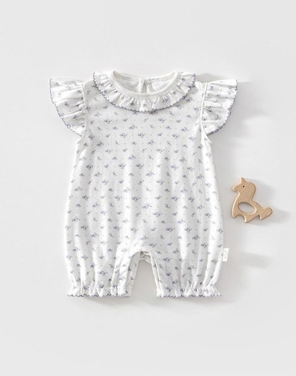 碎花彈力微孔花領飛袖連身裝 