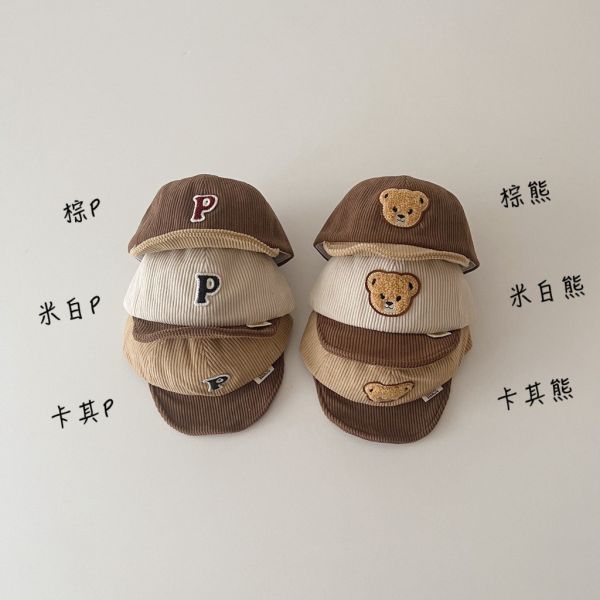 燈芯絨小熊/P字軟帽沿棒球帽 