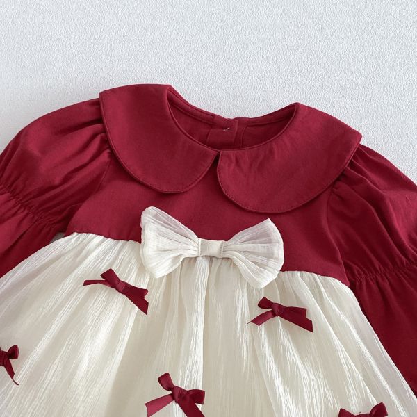 假兩件娃娃領澎袖蝴蝶結包屁裙 