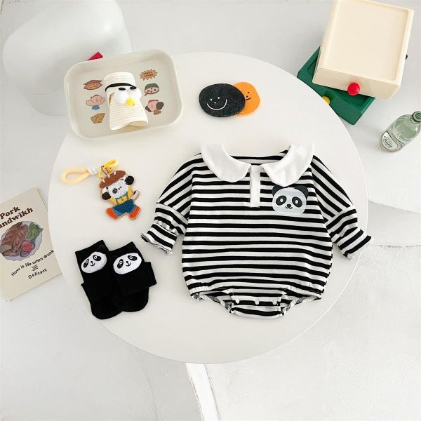 可愛娃娃領貓熊條紋包屁衣/打底褲 