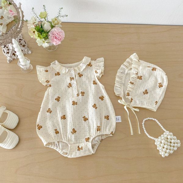 紗布棉透氣娃娃領小熊包屁衣+帽 