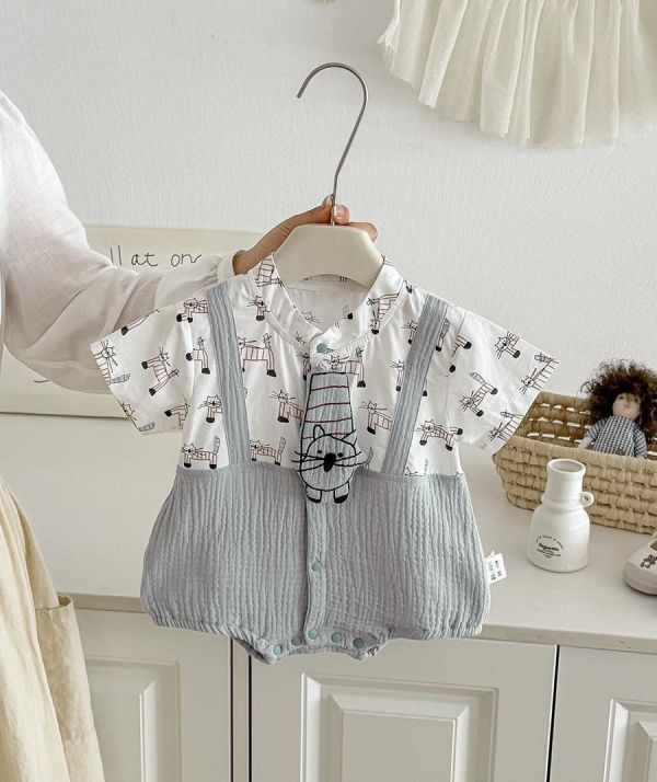 假兩件貓咪領帶吊帶包屁衣 