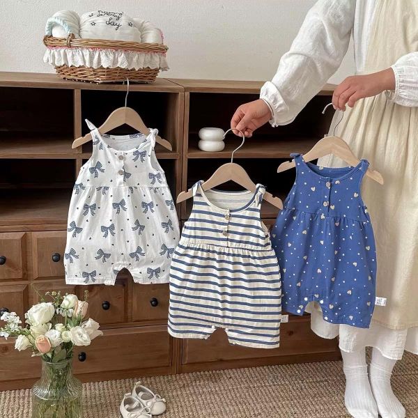 雙釦印花綁繩背心式連身裝 