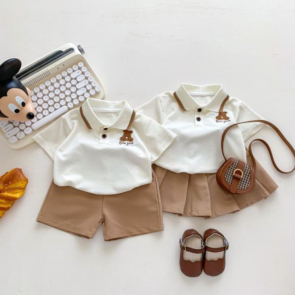 男女童小熊polo上衣+短褲/百褶裙 