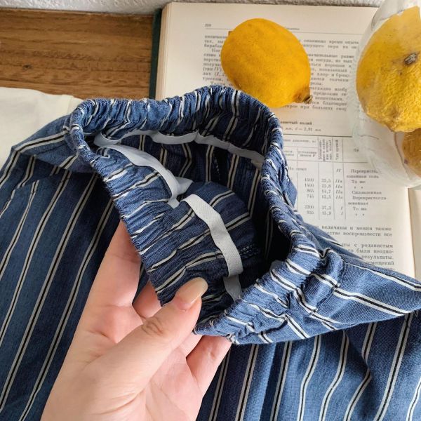 豎條紋口袋貼布薄款九分長褲 