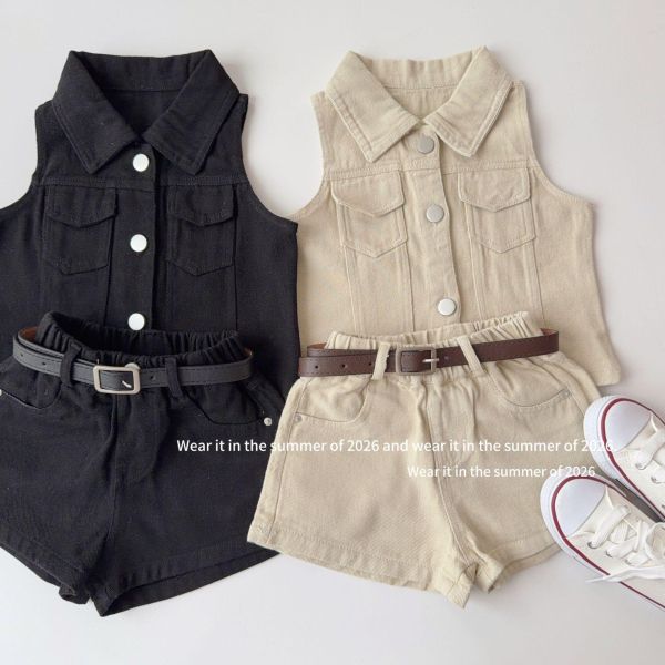 復古港風翻領背心式兩件套套裝(附皮帶) 