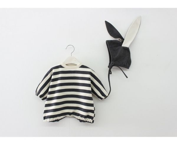 條紋寬鬆飛鼠連身裝(含帽) 