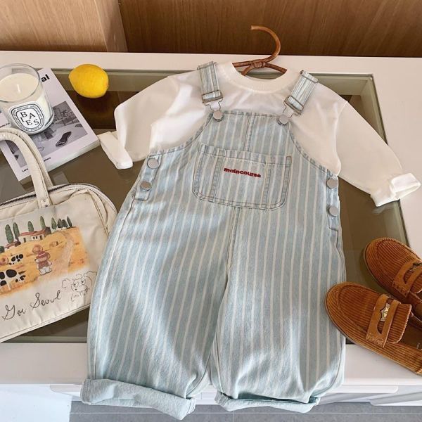 刷舊豎條紋水洗牛仔吊帶褲 