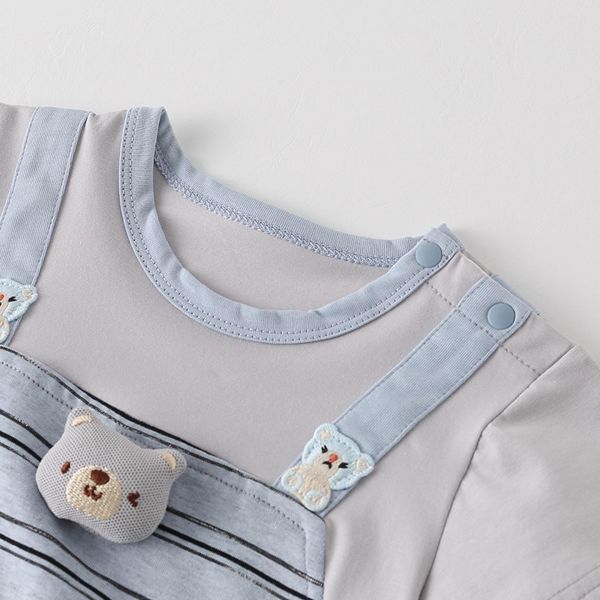 假兩件小熊吊帶條紋包屁衣 