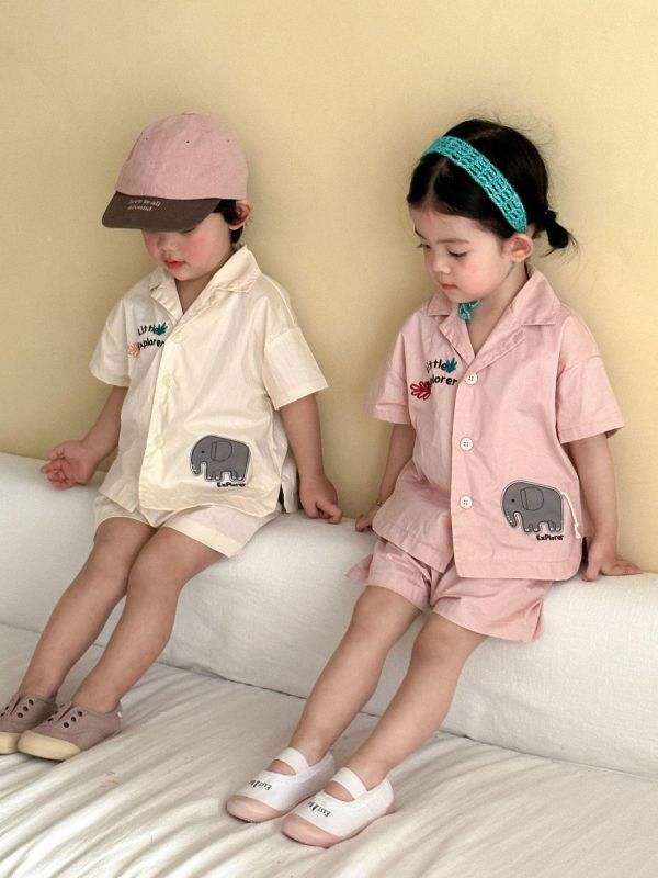 大象字母刺繡襯衫兩件式套裝 