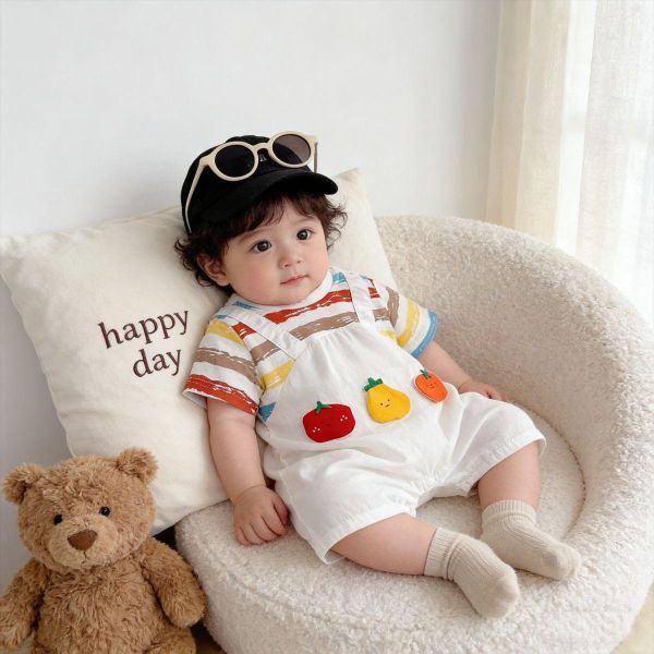 假兩件條紋上衣番茄吊帶褲 