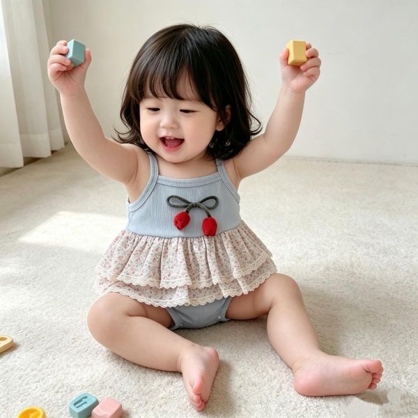 螺紋坑條鬱金香雙層蕾絲包屁衣 