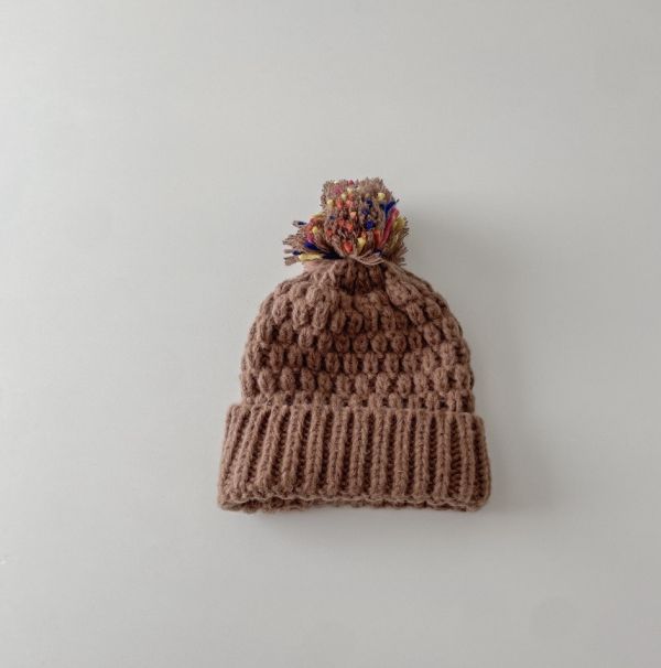 混織大毛球針織反摺毛帽 