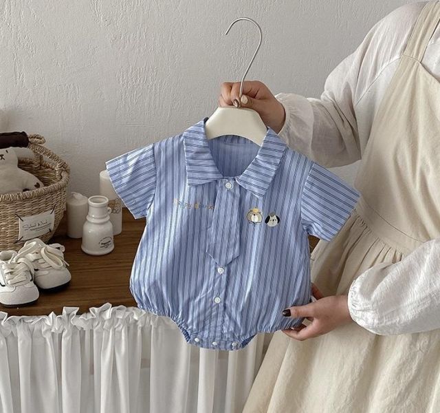 可拆式領帶-豎條紋翻領包屁衣 