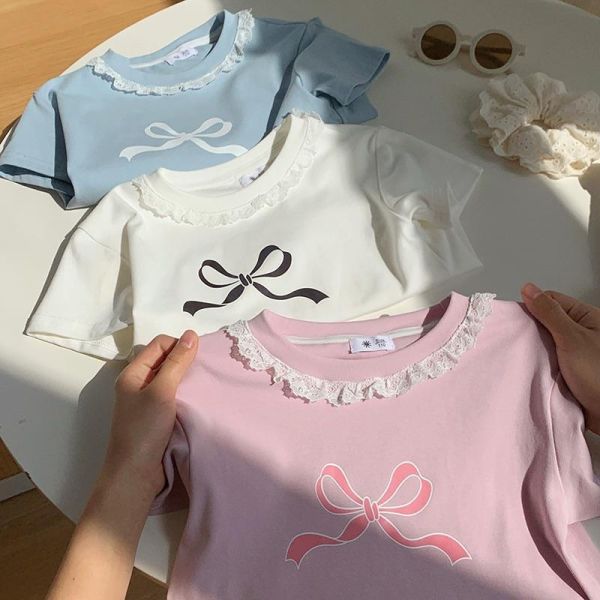 大蝴蝶結印花蕾絲領口上衣 