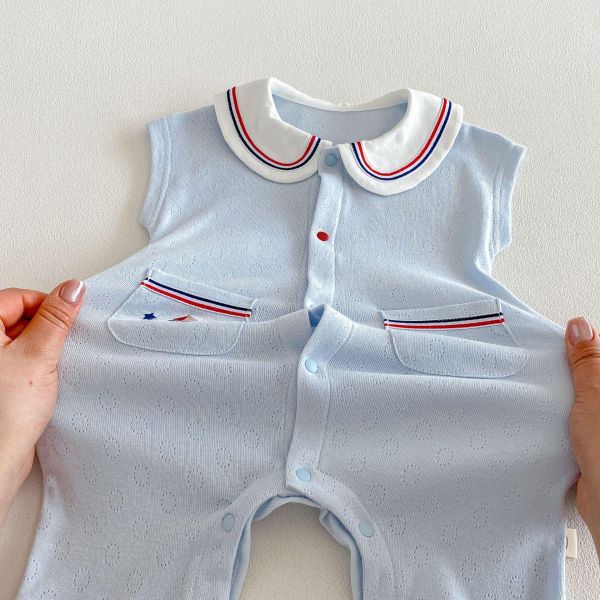 海軍風翻領素色雙口袋連身裝 