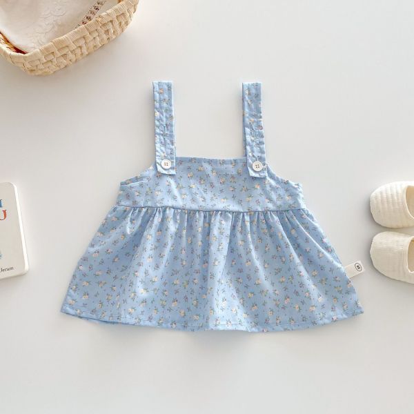 公主澎袖螺紋包屁衣+碎花吊帶裙套裝 