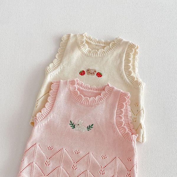 早春兔子/小熊刺繡花邊背心 