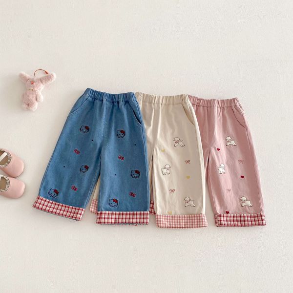 蝴蝶結/小羊格紋反折直筒長褲 