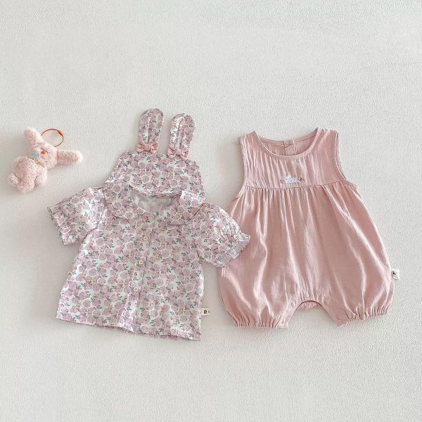 碎花兔耳上衣+粉嫩兔子連身褲套裝 