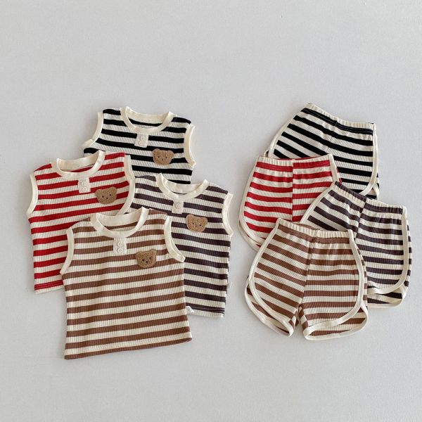華夫格條紋小熊布標背心套裝 