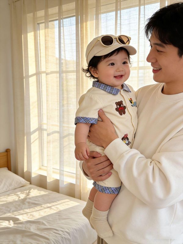 格紋翻領小熊刺繡開釦連身裝 