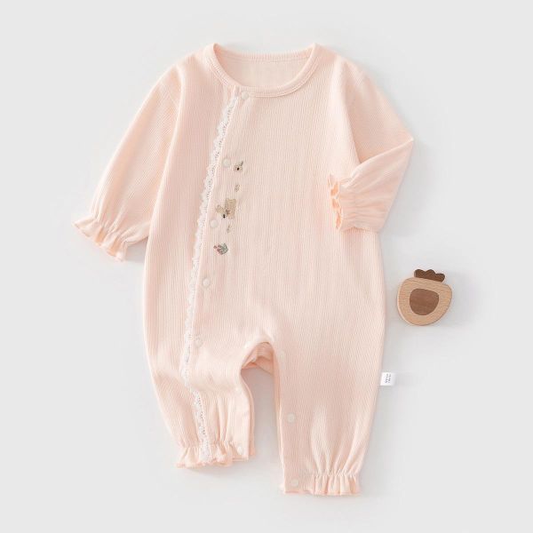 新生兒素色螺紋木耳領/蕾絲領連身裝(3色) 
