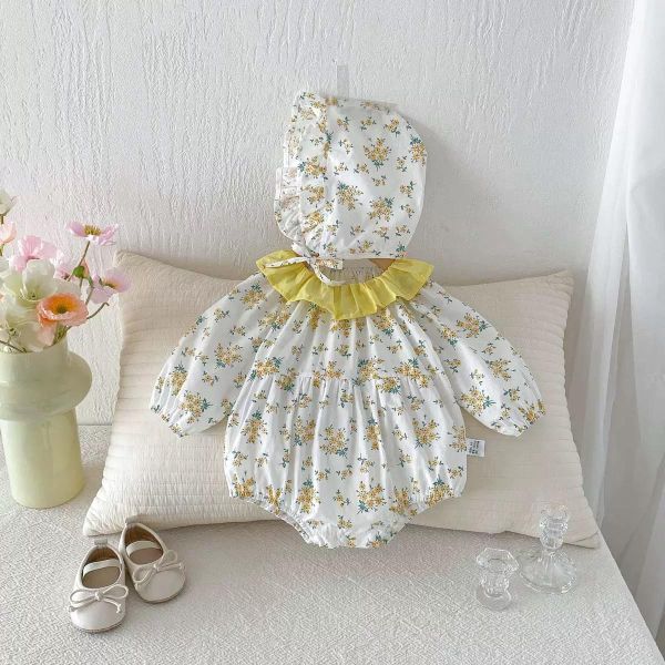 春夏亮眼黃田園碎花包屁衣+帽 
