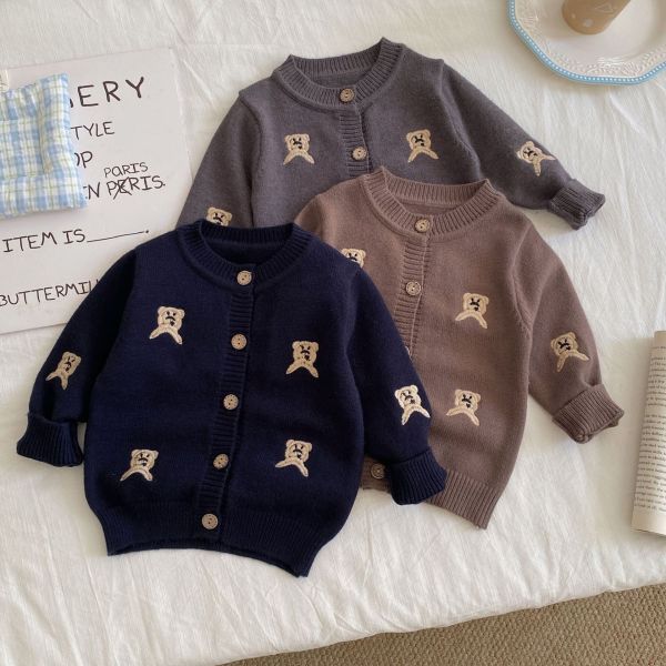 小熊刺繡素色針織開釦外套 