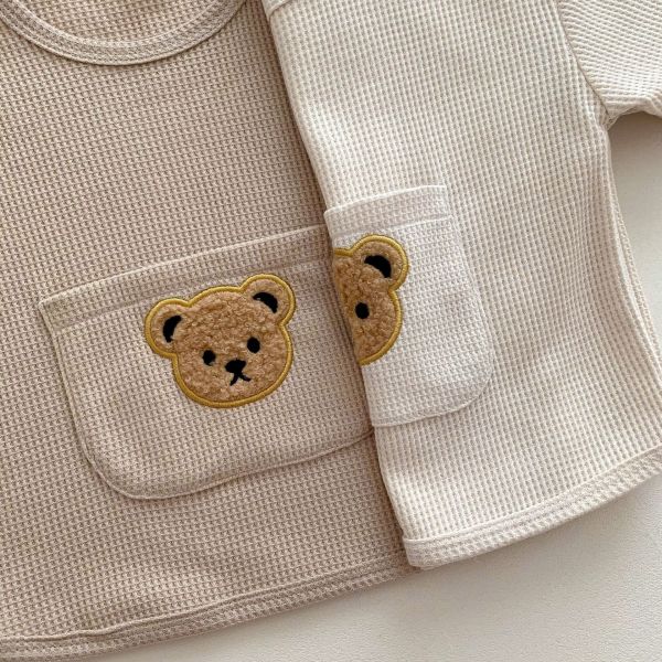 華夫格小熊刺繡單口袋套裝 