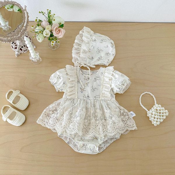 田園碎花蕾絲包屁裙+帽 