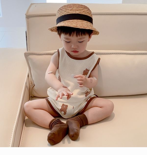 華夫格小熊兩色無袖套裝 