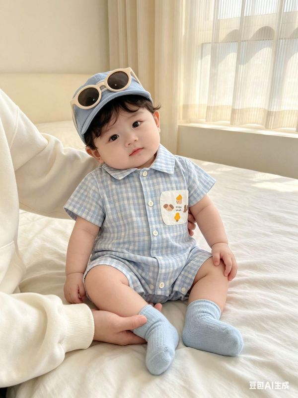 塗鴉貼布格紋翻領連身裝 