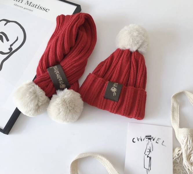 韓-秋冬直紋針織毛帽圍巾組 