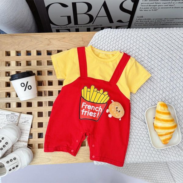 假兩件薯條印花吊帶連身裝+襪 