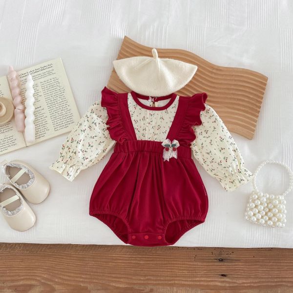 假兩件碎花吊帶鬆緊包屁衣 