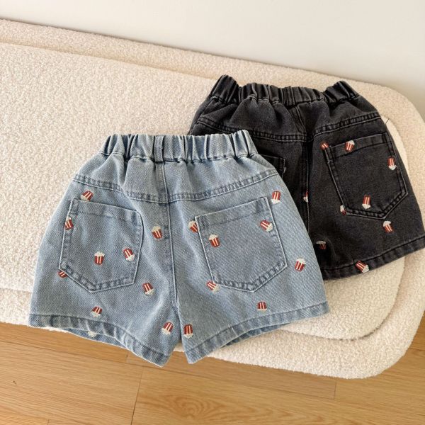 爆米花刺繡五分牛仔短褲 